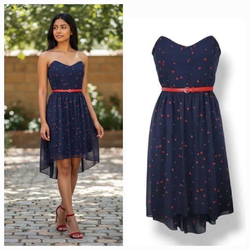 City Triangles Red Hearts Chiffon Strapless Belted Dress in Navy Blue/Red Size 7